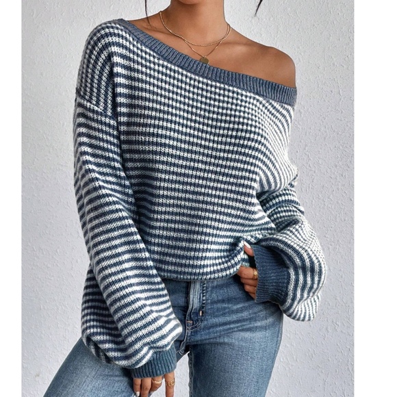 Cozy Striped oversized Balloon Sleeve Sweater Top - Picture 1 of 4